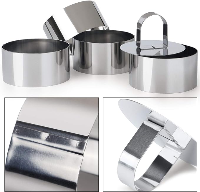 HULISEN Round Cake Ring Mold, Stainless Steel 3” Cooking Crumpet Rings with 1 Pusher & 4 Food Form, Tuna Tartare Mold for Pancake, Salad, Mousse