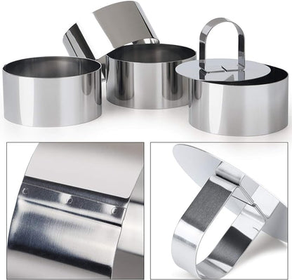 HULISEN Round Cake Ring Mold, Stainless Steel 3” Cooking Crumpet Rings with 1 Pusher & 4 Food Form, Tuna Tartare Mold for Pancake, Salad, Mousse