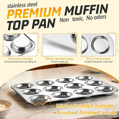 P&P CHEF 12-Cup Muffin Top Pan (1 Piece), Stainless Steel Muffin Pan Cupcake Tin with Shallow Side for Whoopie Pie & Yorkshire Pudding, Easy Clean & Oven Safe, Silver