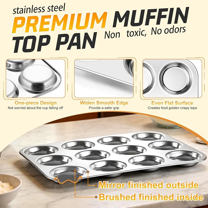 P&P CHEF 12-Cup Muffin Top Pan (2 Piece), Stainless Steel Muffin Pan Cupcake Tin with Shallow Side for Whoopie Pie & Yorkshire Pudding, Easy Clean & Oven Safe, Silver