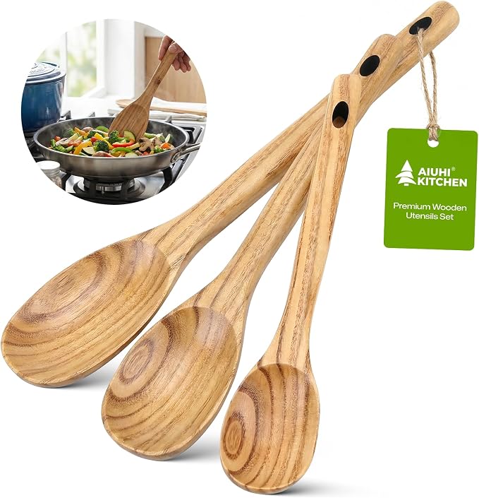 AIUHI 3Pcs Wooden Spoon Set, Different Size Wood Spoons for Cooking, Wooden Kitchen Utensils Set for Mixing, Serving and Eating