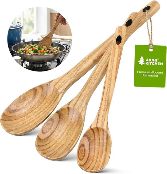 AIUHI 3Pcs Wooden Spoon Set, Different Size Wood Spoons for Cooking, Wooden Kitchen Utensils Set for Mixing, Serving and Eating