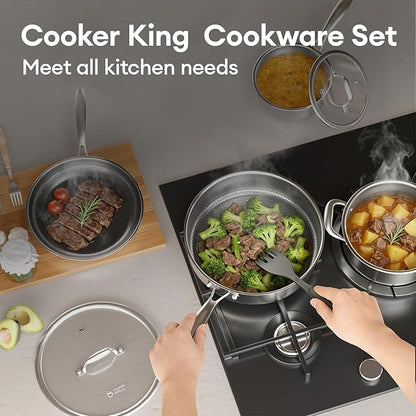 COOKER KING Stainless Steel Cookware Set, Pots and Pans Set Non Stick, Frying Pans, Saucepan, Saute Pan & Stock Pot, Non Toxic, Induction, Oven, Dishwasher Safe, PFOA Free