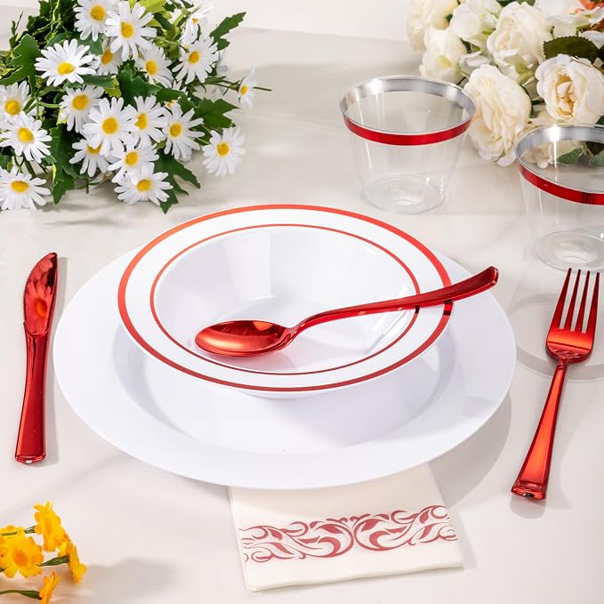 Goodluck 100 Pack Plastic Bowls with Red Rim, 12oz Disposable Soup Bowls, Heavy Duty Dessert Bowls for Weddings, Parties, Valentine's Day Dinners, Catering, Thanksgiving and Everyday Use