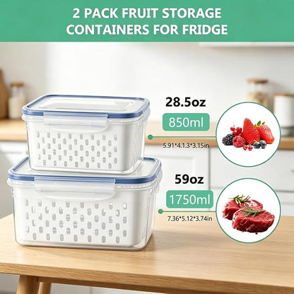 2-Pack Refrigerator Storage Containers with Removable Colander Baskets, Fridge Organizer Box for Fruits Vegetables, Keep Fresh & Tidy, Space Saving Kitchen Food Storage Container Set