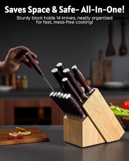 PAUDIN Kitchen Knife Set with Block, 14 Pieces Knife Sets for Kitchen with Block, High Carbon German Stainless Steel Sharp Chef Knife Set with Ergonomic Pakkawood Handle