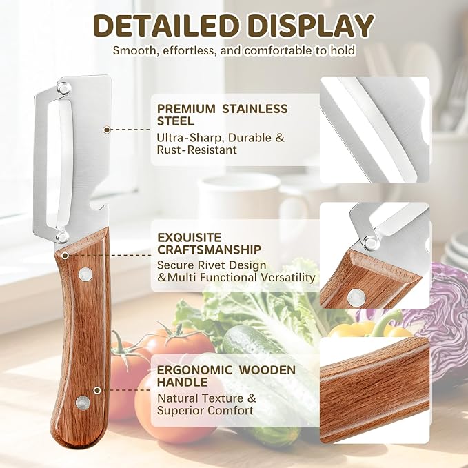 2 Pack 2-in-1 Vegetable Peeler with Bottle Opener - Stainless Steel Blade, Wooden Handle, Heavy Duty Peeler for Potato, Carrot, Pineapple, Pumpkin, Sugarcane(Left and Right Combo)