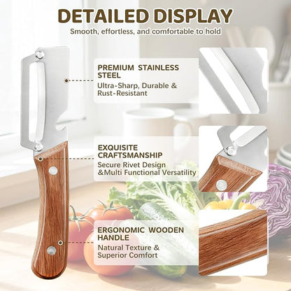 2 Pack 2-in-1 Vegetable Peeler with Bottle Opener - Stainless Steel Blade, Wooden Handle, Heavy Duty Peeler for Potato, Carrot, Pineapple, Pumpkin, Sugarcane(Left and Right Combo)