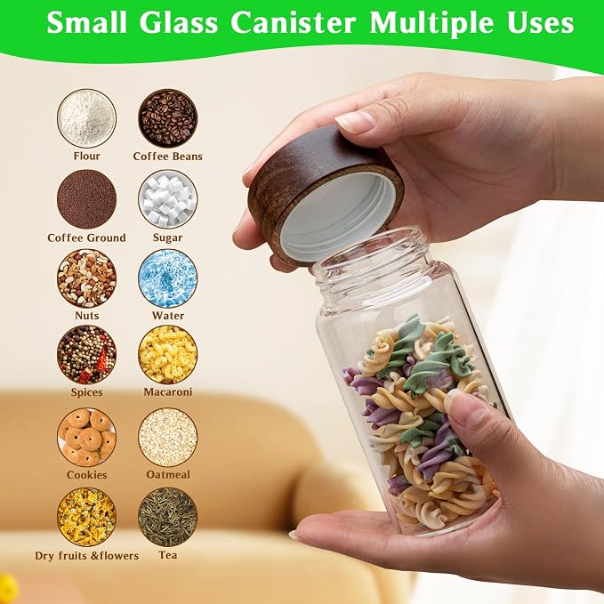 8 oz Small Glass Spice Jars with Airtight Wood Acacia Lid 4 PCS,Clear Coffee Ground Storage Canister Round Glass Spice Jar for Pantry Sugar Tea Bean Nuts Cookies Salts Seasoning