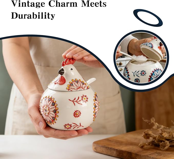 2 PCS,Ceramic Salt Cellar With Lid and Spoon,13-ounce Chicken Salt Shaker,Perfect for Kitchen Decor,Countertop Spice Rack (Red + Blue)