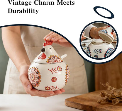 2 PCS,Ceramic Salt Cellar With Lid and Spoon,13-ounce Chicken Salt Shaker,Perfect for Kitchen Decor,Countertop Spice Rack (Red + Blue)