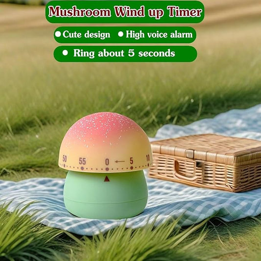 Mechanical Kitchen Timer, Cute Mushroom Timers for Kids, Wind Up 60 Minutes Manual Countdown Timer for Classroom, Home, Study and Cooking (Green Base)