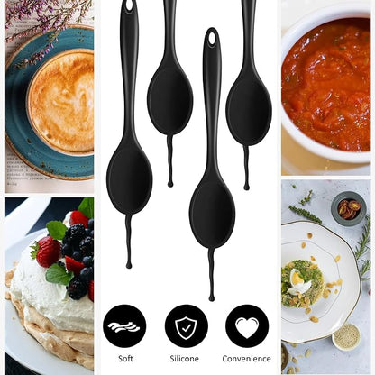 Shappy 4 Pieces Silicone Cooking Spoons 10.6 Inch Heat Resistant Kitchen Spoons for Mixing, Serving and Stirring Upgrade Large Non Stick Basting Utensils, Dishwasher Safe(Spoon,Black)