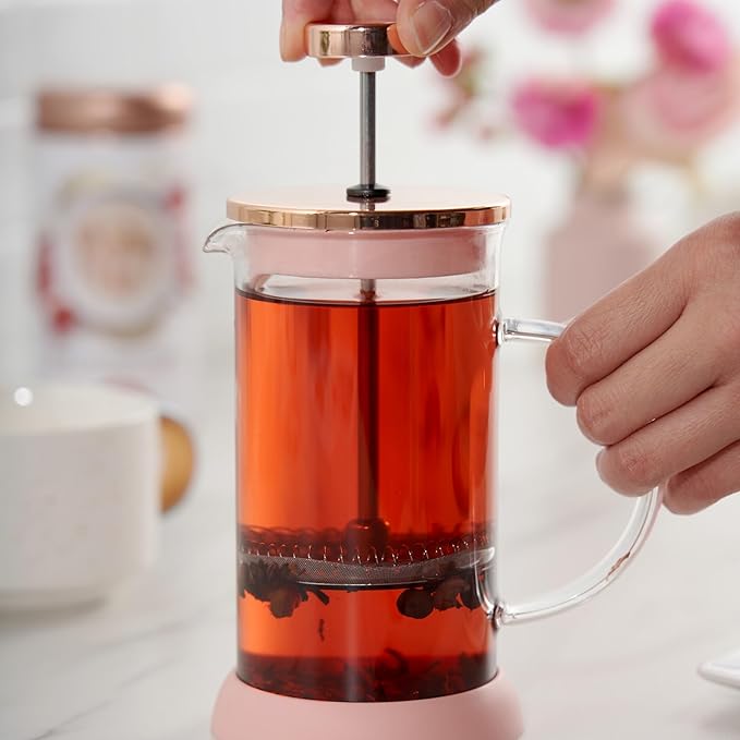 Pinky Up Riley Mini Glass Tea Press Pot, Coffee Maker, French Press for Loose Leaf Tea and Coffee, Hot or Iced Beverage Brewer, 12 oz, Pink