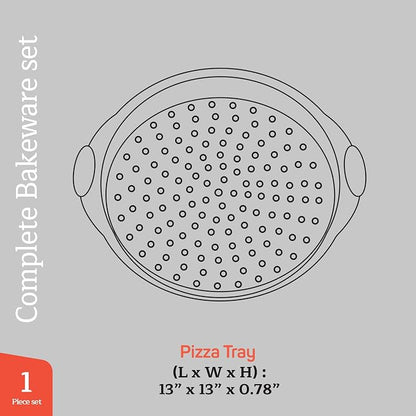 Non-Stick Pizza Pan with Silicone Handle 1 Pack, 13 Inch Round Carbon Steel Tray with Perforated Holes, Dishwasher & Oven Safe Up To 450°F, PFOAPFOSPTFE Free, Durable Nonstick White Marble Coating