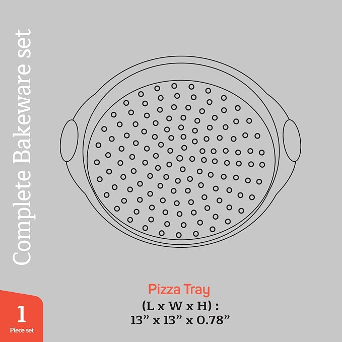 Non-Stick Pizza Pan with Silicone Handle 1 Pack, 13 Inch Round Carbon Steel Tray with Perforated Holes, Dishwasher & Oven Safe Up To 450°F, PFOAPFOSPTFE Free, Durable Nonstick Gray Coating