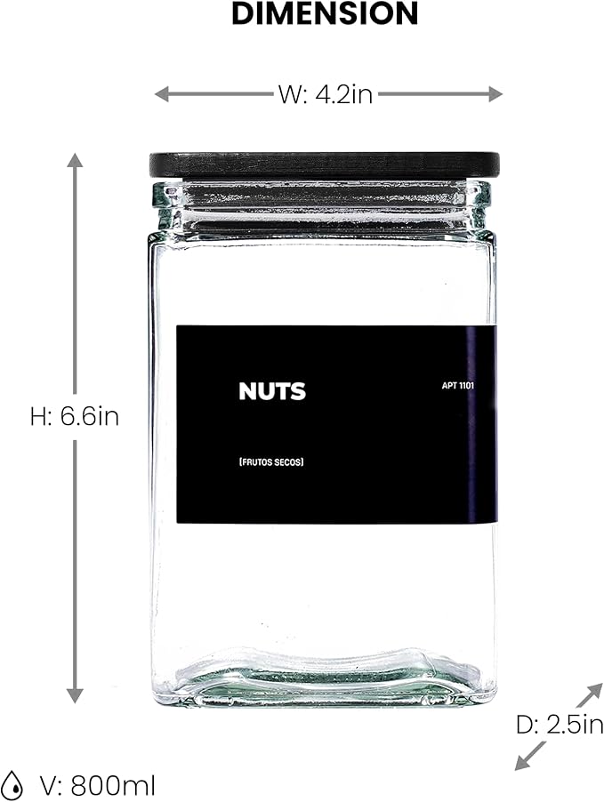 APT 1101 Glass Storage Jars with Bamboo Lid, glass canisters with airtight lids, Clear jars with lids for Spice, Cookie, Candy, Tea, Coffee Bean and Rice (Black, 26 oz, Set of 6)