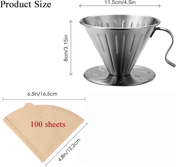Lalord Pour Over Coffee Maker, 304 Stainless Steel wIth 100 pcs Size 02 Paper Filters (Coffee Dripper)