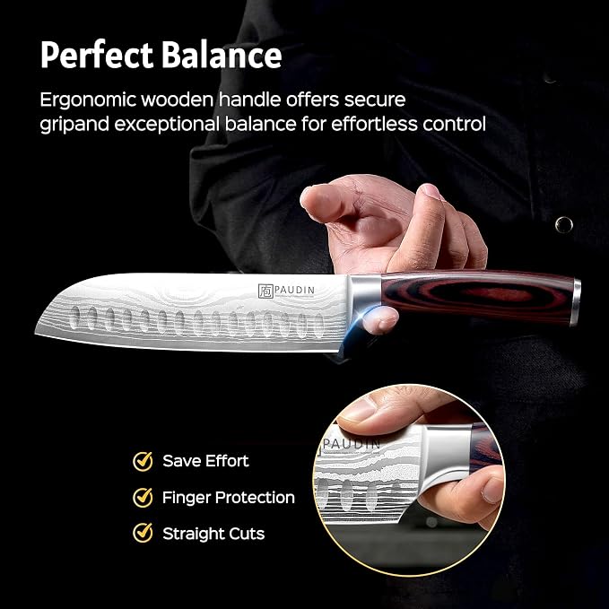 PAUDIN 7" Santoku Japanese Chef Knife – Forged High Carbon German Stainless Steel (58±2 HRC) – Ultra Sharp Razor Edge & Long-Lasting – Ergonomic Pakkawood Handle – Gift for Home Cook & Pro Chef