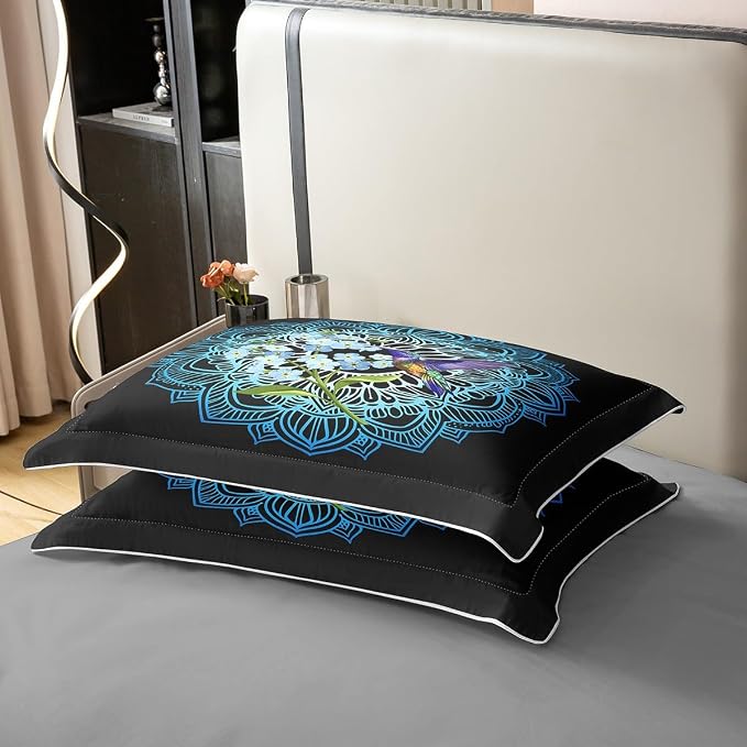 Castle Fairy Lotus Flower 100% Cotton Bedding Set Bohemian Style Comforter Cover Set for Kids Teens Bedroom Decor Floral Hummingbird Duvet Cover Breathable Full Size 3 PCS(No Filler)