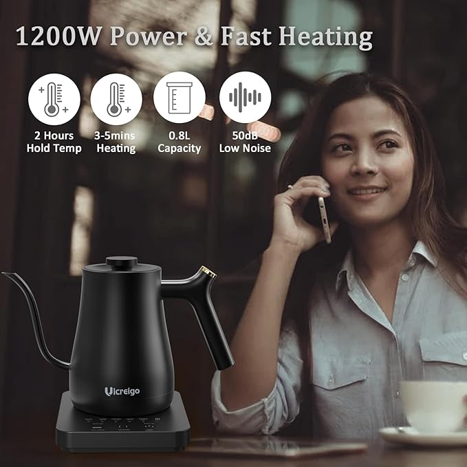 Gooseneck Electric Kettle,Ulcreigo Electric Kettle Temperature Control Tea Kettles for Boiling Water with 5 Variable Presets,Hot Water Boiler Heater for Coffee,304 Stainless Steel Black Color