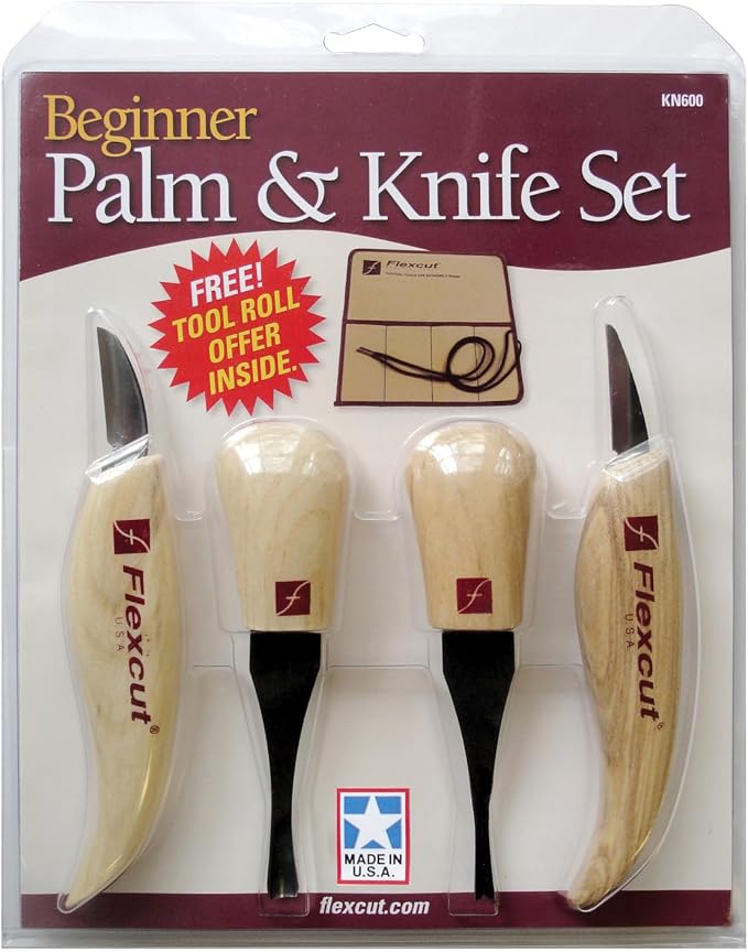 Flexcut Wood Carving Tools| Beginner Palm & Knife Set | 1095 High Carbon Steel Blades| Ergonomic Ashwood Handles | KN600 | Made in the U.S.A.