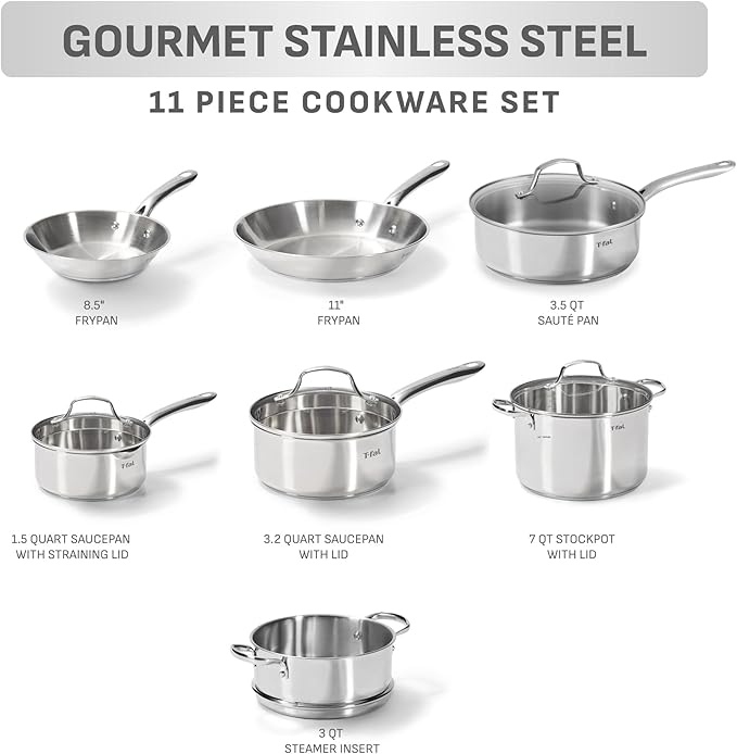 T-fal Stainless Steel Pots and Pans Set 11 Piece, Induction, Oven Broiler Safe 500F, Kitchen Cooking Set w/Fry Pans, Saucepans, Saute Pan, Steamer, Cookware, Dishwasher Safe, Silver