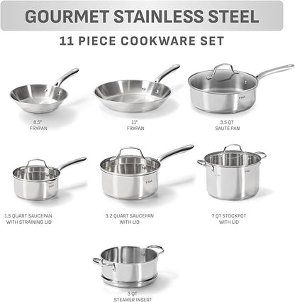 T-fal Stainless Steel Pots and Pans Set 11 Piece, Induction, Oven Broiler Safe 500F, Kitchen Cooking Set w/Fry Pans, Saucepans, Saute Pan, Steamer, Cookware, Dishwasher Safe, Silver