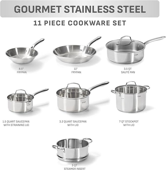 T-fal Stainless Steel Pots and Pans Set 11 Piece, Induction, Oven Broiler Safe 500F, Kitchen Cooking Set w/Fry Pans, Saucepans, Saute Pan, Steamer, Cookware, Dishwasher Safe, Silver