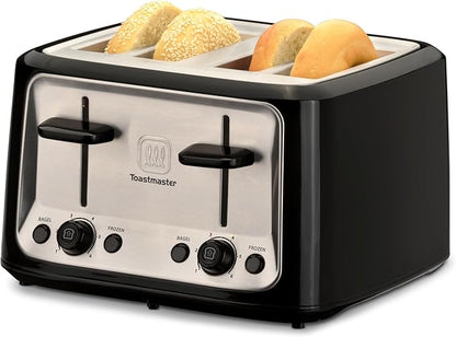 Toastmaster 4-Slice Toaster - Black with Stainless Steel - Multi-Function Toaster with Adjustable Browning Controls - For Sandwich Toasting, Breakfast Bread & More