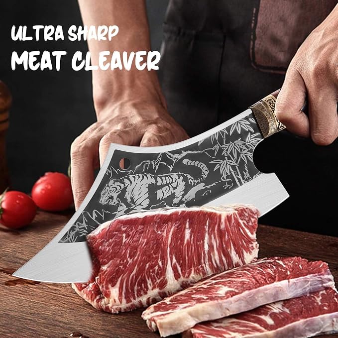 Purple Dragon Meat Cleaver Knife - Heavy Duty Butcher Knife for Meat Cutting, Stainless Steel Bone Chopper Knifes, Christmas Gifts for Men