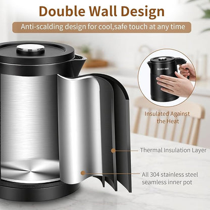 0.8L Small Electric Kettle, Travel Portable Double Wall Stainless Steel Water Boiler, 304 Food Grade Seamless Inner Tank, 120V/1000W Fast Boiling, Auto Shut-Off & Boil Dry Protection(Black)