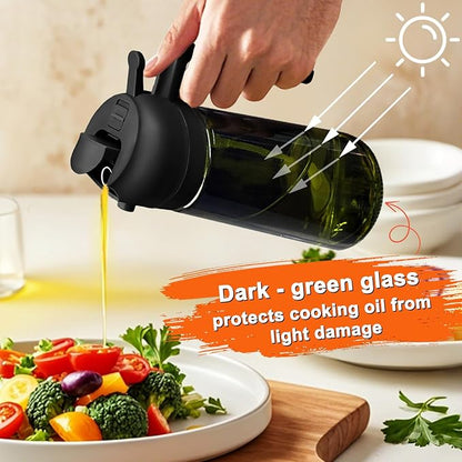 mqnxoi Oil Sprayer for Cooking, 2 in 1 Olive Oil Dispenser Bottle for Kitchen, 16oz/470ml Premium Glass, Food-grade Oil Mister for Air Fryer, Salad, Frying, BBQ (Black + Dark Green Bottle)