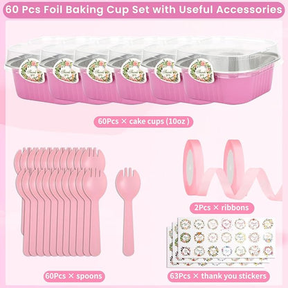 245 PCS 10 oz Mini Cake Pans with Lids, 60 Pack 4.4x4.4 Large Aluminium Foil Pan Mini Cake Tins with Lids and Spoons, Square Individual Baking Pan Cup for Wedding Birthday Party Picnics