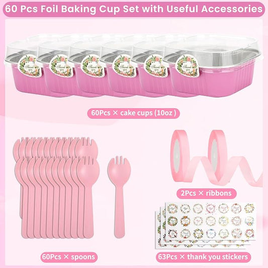 245 PCS 10 oz Mini Cake Pans with Lids, 60 Pack 4.4x4.4 Large Aluminium Foil Pan Mini Cake Tins with Lids and Spoons, Square Individual Baking Pan Cup for Wedding Birthday Party Picnics