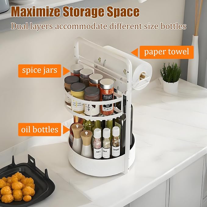 JEESA Rotating Spice Rack with Paper Towel Holder, White | 2 Tier Lazy Susan, Sturdy Iron, Seasoning Organizer, Kitchen Countertop