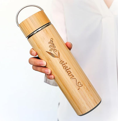 Custom Name Tea Infuser Bottle Bamboo Water Bottles Tea Tumbler with Infuser Minimalist Style Birth Month Flower