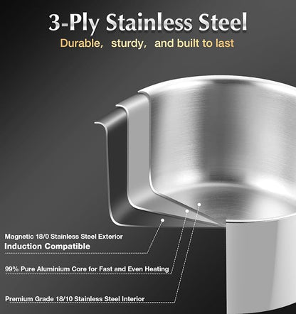 KOCH SYSTEME CS Tri-Ply Stainless Steel Cookware Set 10 Piece, Professional 18/10 Stianless Steel Pots and Pans Set, Oven & Induction Safe, Non-Toxic Kitchen Cookware Set for Family Cooking, 10pcs