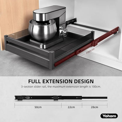YOHOM Pull Out Cabinet Organizer – 20" W x 21" D Aluminum & Glass Drawer Organizer with Removable Dividers, Heavy Duty Pull Out Shelf for Kitchen Cabinets, Sliding Storage Tray, DIY Single Tier