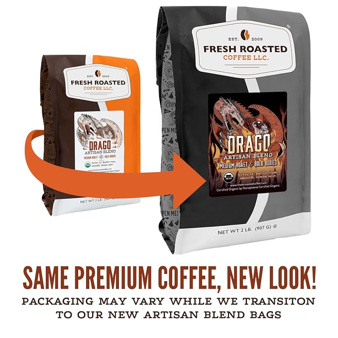 Fresh Roasted Coffee, Organic Drago Café Blend Whole Bean Coffee, Medium Roast, USDA Organic, Kosher, 12 oz