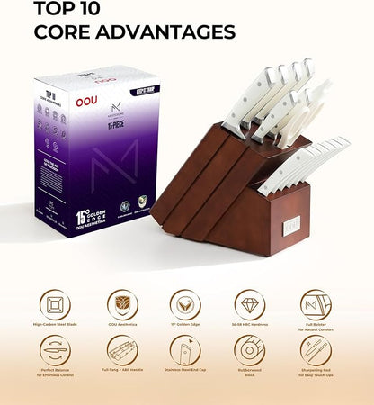 Knife Set, 15 Pcs German High Carbon Stainless Steel Kitchen Knife Set, Knife Sets with Block and Sharpener,Enduring Razor-Sharp FSC Wooden Knives Block Set for Kitchen，Brown