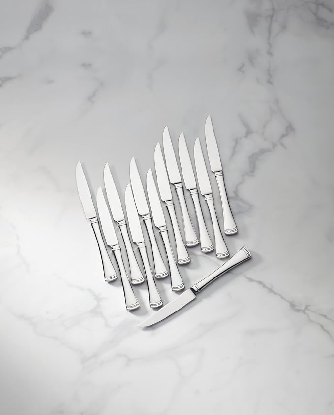 Lenox Silverware Set, Portola 12-Piece Steak Knife Flatware Set, Service For 12, Made Of 18/10 Stainless Steel, Dishwasher Safe, Home And Kitchen Utensils, Knives, Cutlery (Silver, 12 Piece)