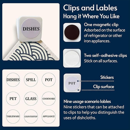 Eulnars Swedish Dishcloths for Kitchen, 8 Pack Japanese Pattern Reusable Paper Towels with Clips, Non-Scratch Swedish Dish Towels, Super Absorbent Cellulose Dish Cloths, No Odor