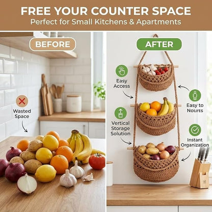 3 Tier Hanging Fruit Basket for Kitchen, Wall Mounted Cotton Rope Produce Storage Organizer, Boho Farmhouse Decor, Space Saver for Small Kitchens, Pantry, Bathroom, RV, Plant & Vegetable Storage