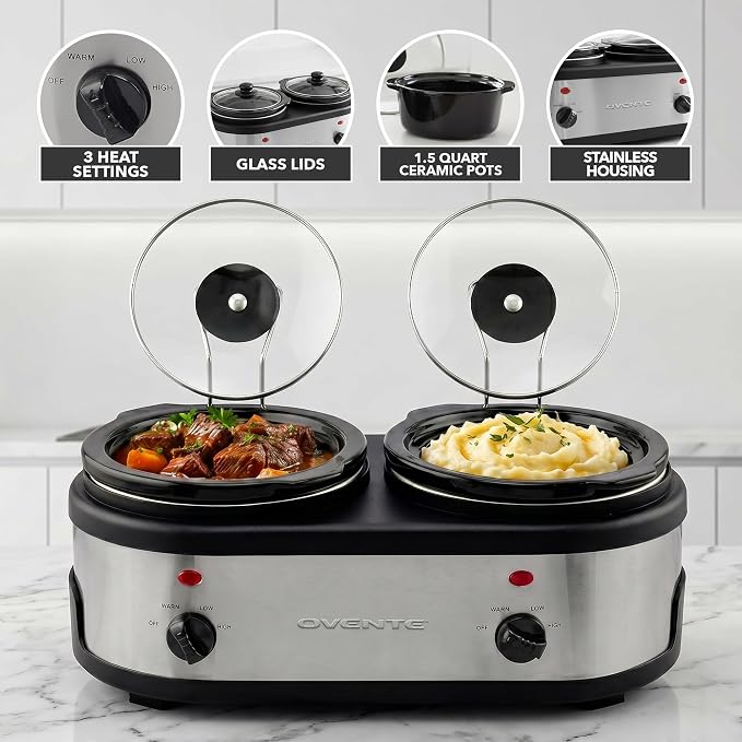 OVENTE Double Slow Cooker, Buffet Server and Warmer with Two 1.5Qt Removable Ceramic Pot, Adjustable Temperature Control and Tempered Glass Lid for Parties, Gatherings and Holidays, Silver SLO215BR