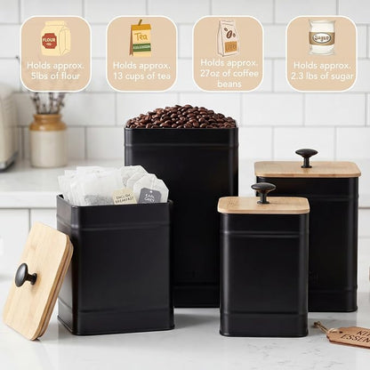PERFNIQUE Kitchen Canisters, Airtight Canister Sets for Kitchen Counter, Kitchen Canisters for Countertop Set of 4, Coffee Tea Sugar Flour Spice Tin Jars Food Storage Container with Lid(Black)