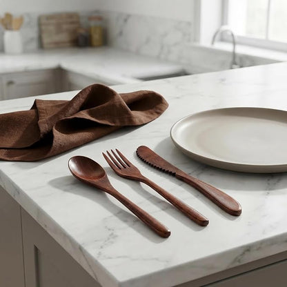 Wooden Utensils For Eating, Wood Spoon Fork Knife Cutlery Set, Dinnerware Sets For Dining And Travel Use