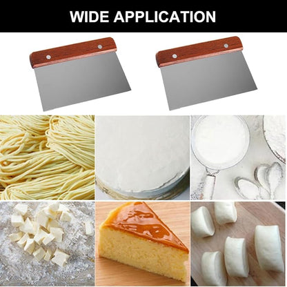 2 Pcs Bench Scraper Knife & Dough Scraper, Stainless Steel Food Cutter with Ergonomic Wood Handle, for Kitchen Baking, Cooking, Bread, Pizza & Cake