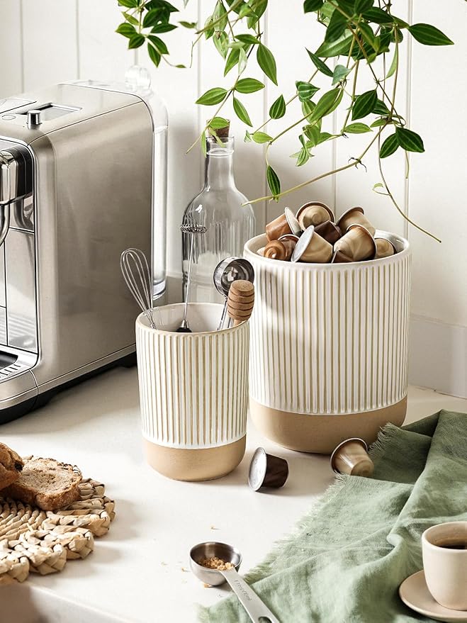 LE TAUCI Ceramic Kitchen Utensil Holder Set of 2 - 6.9"+5.3" Large Cooking Utensil Crock & Organizer for Spatula, Spoon, Whisk - Farmhouse Countertop Storage, Cream Beige, Line
