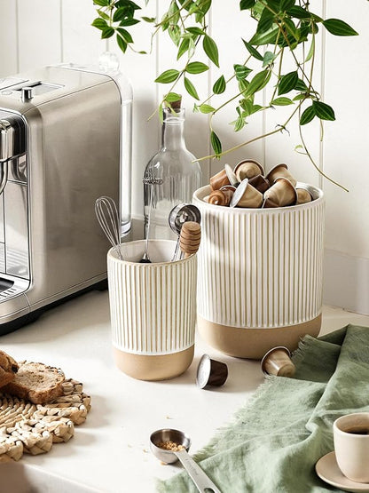 LE TAUCI Ceramic Kitchen Utensil Holder Set of 2 - 6.9"+5.3" Large Cooking Utensil Crock & Organizer for Spatula, Spoon, Whisk - Farmhouse Countertop Storage, Cream Beige, Line